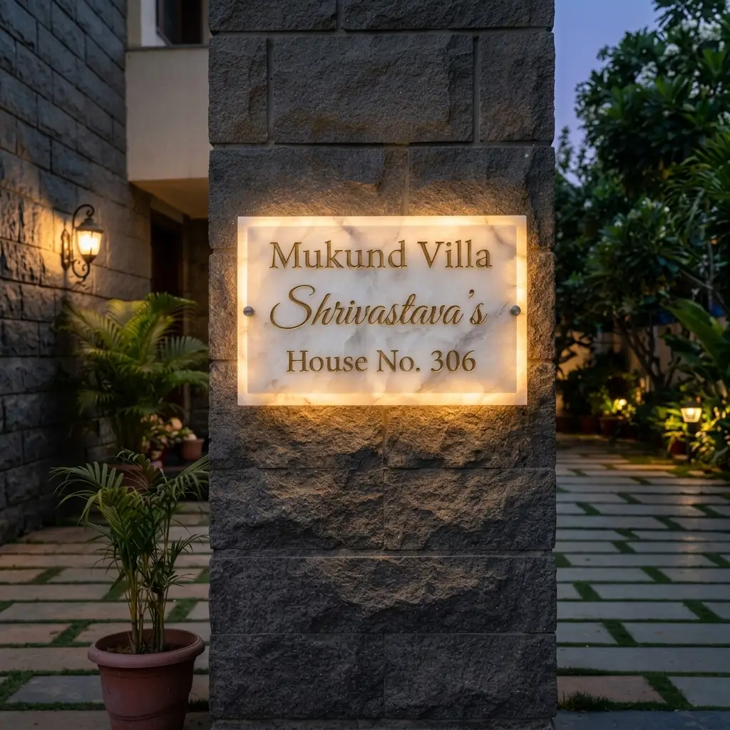 Backlit white onyx stone name plate glowing at night, crafted by Stone World Indore