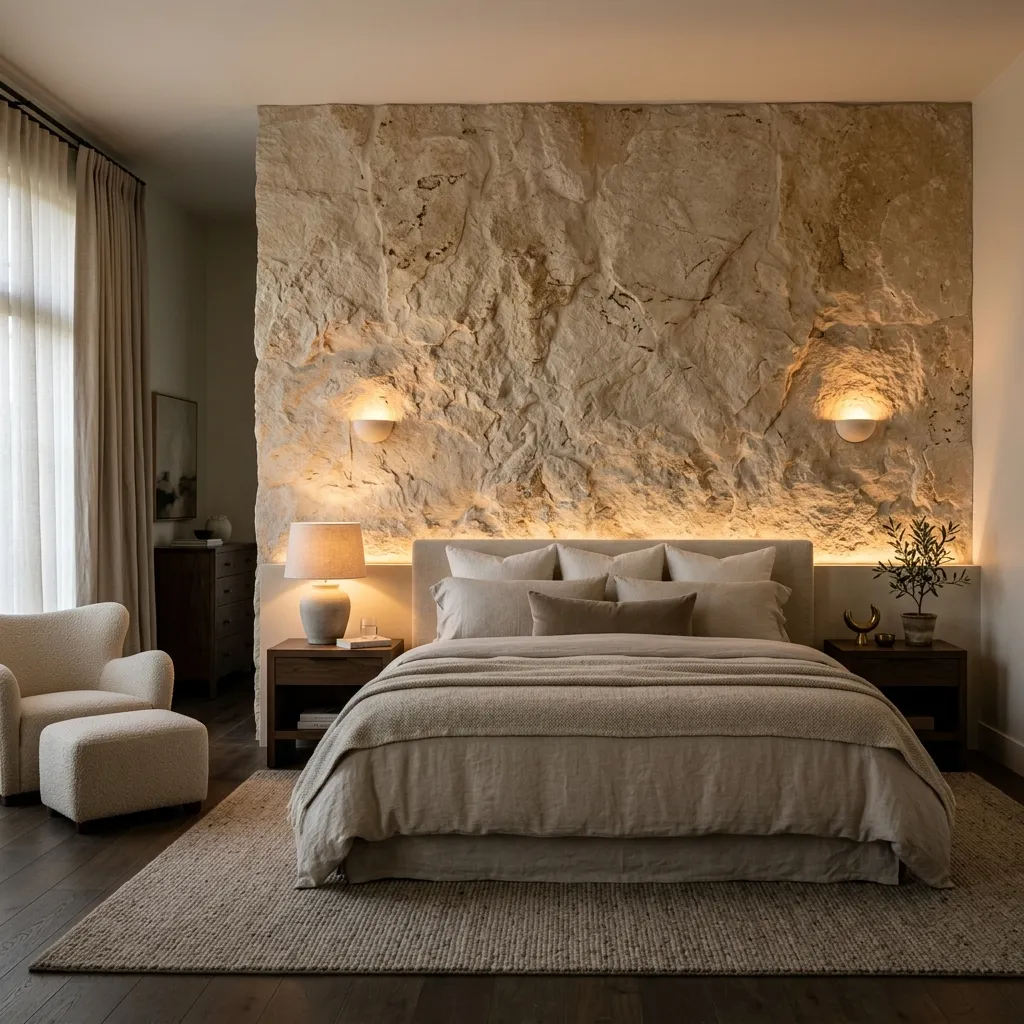 Cozy and luxurious bedroom featuring a massive organic headboard made of honed limestone or subtle marble wall cladding