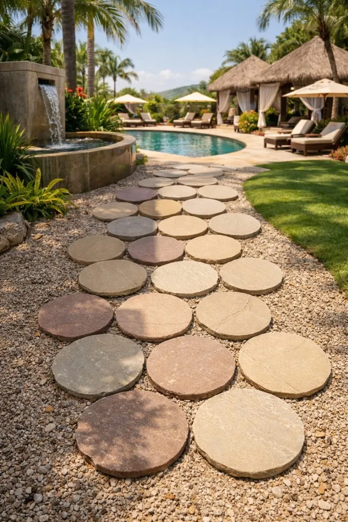 Natural stone round stepping stones pathway in multi-color sandstone and limestone across river pea gravel in luxury landscaped garden with pool and fountain