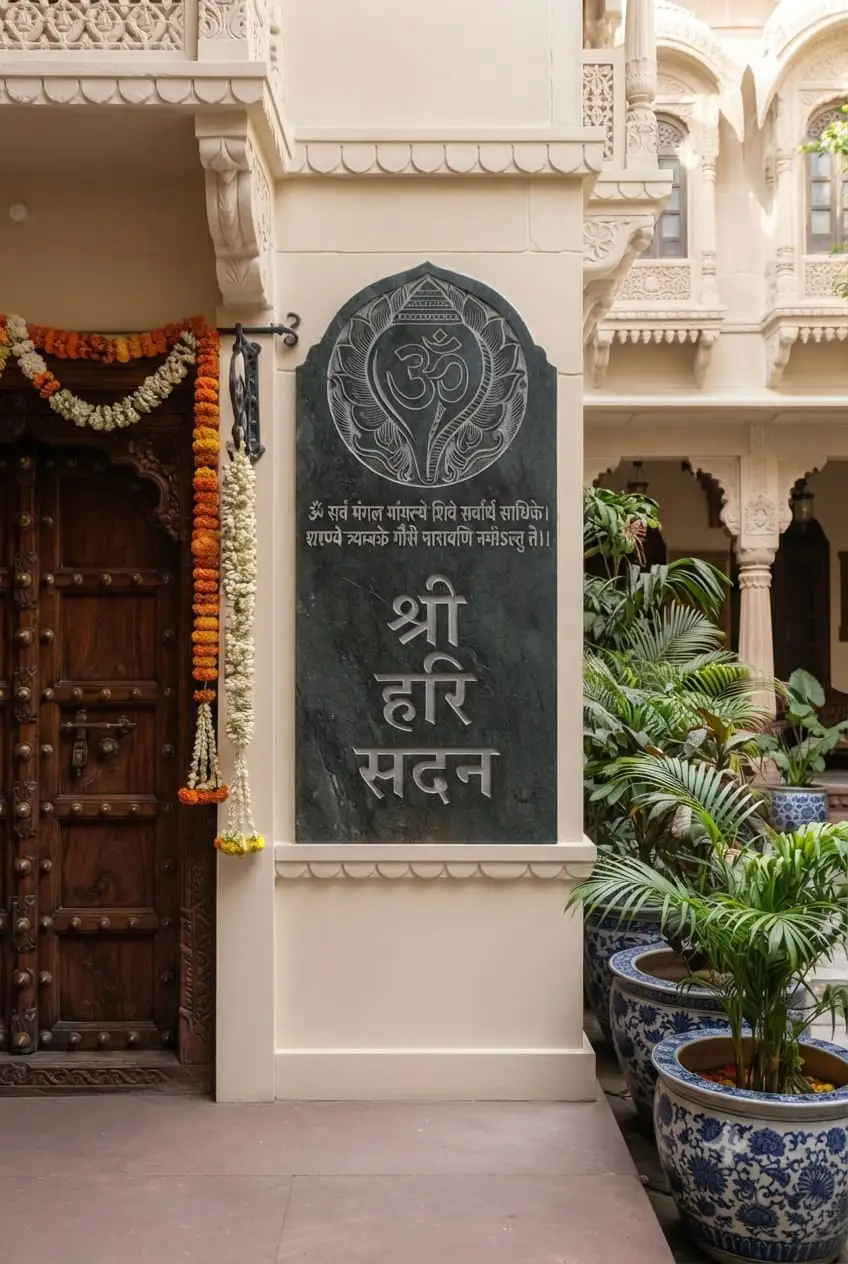 Stone name plate with engraved Sanskrit shlokas and family name for Central India homes