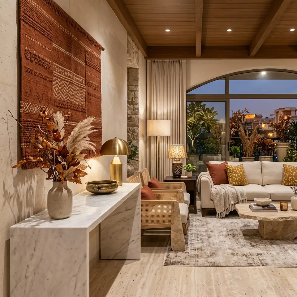 Classic contemporary living room featuring marble coffee table and warm autumn textiles