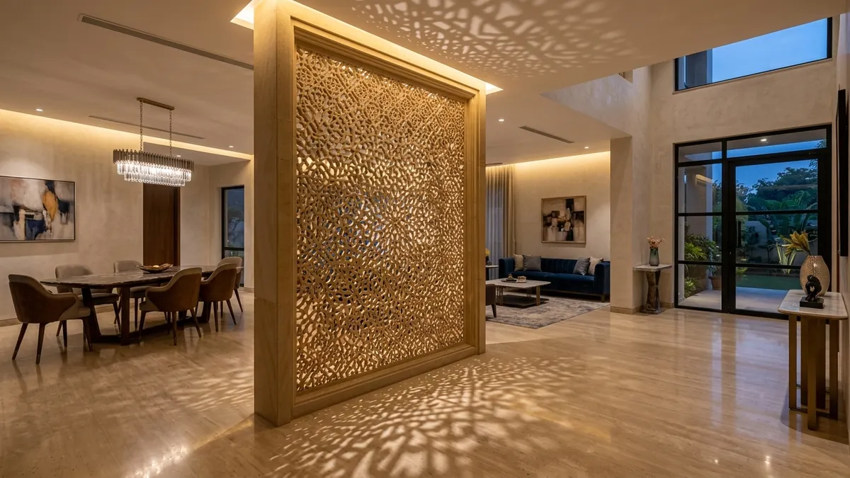 Architectural CNC carved stone lattice screen with parametric pattern relief