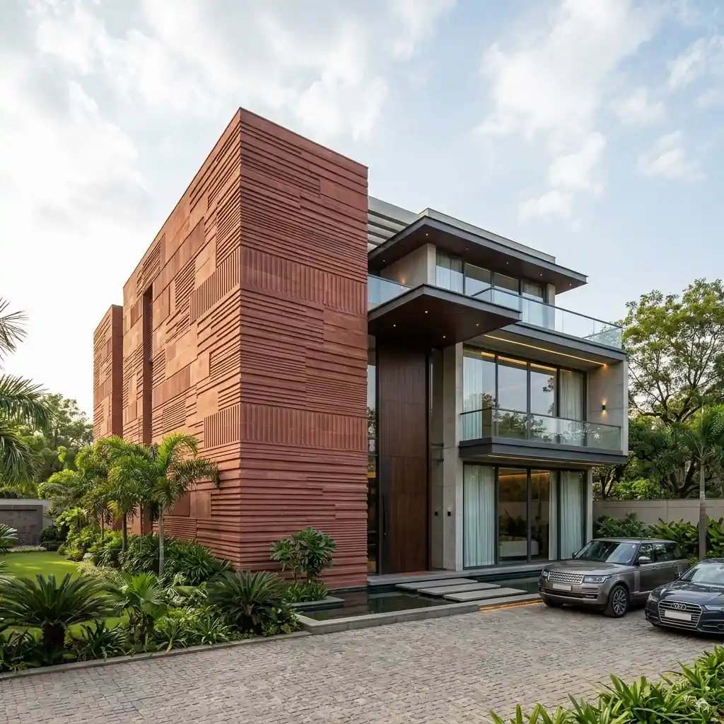 Architectural sandstone exterior elevation screen with thermal mass shading