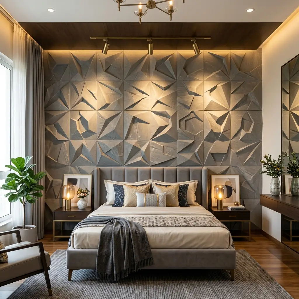 Silver Travertine grooved and fluted stone wall paneling in modern living room setting