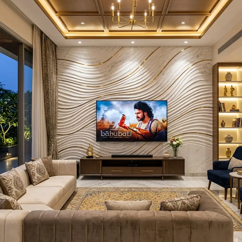 Best stone feature wall designs for TV unit backdrop with integrated LED cove lighting and floating wood media console
