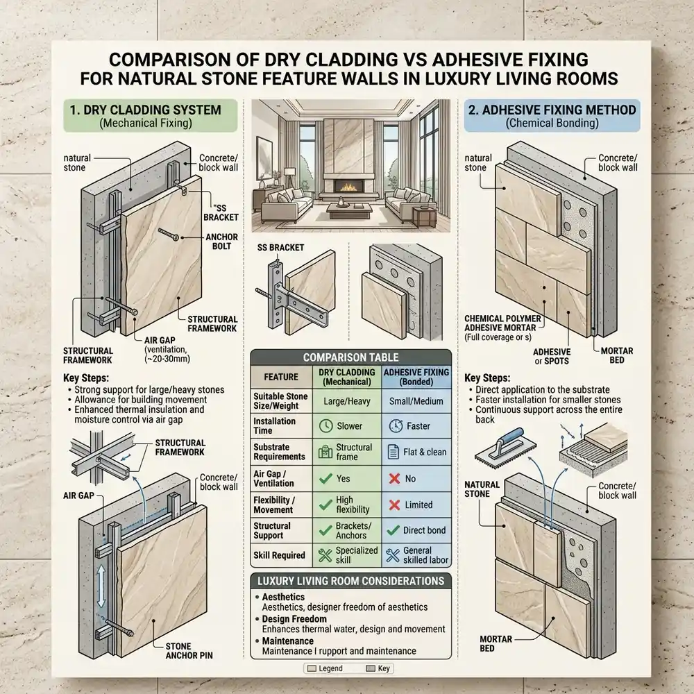 Dry cladding vs adhesive fixing for stone accent walls infographic comparing mechanical anchors and chemical polymer mortar systems