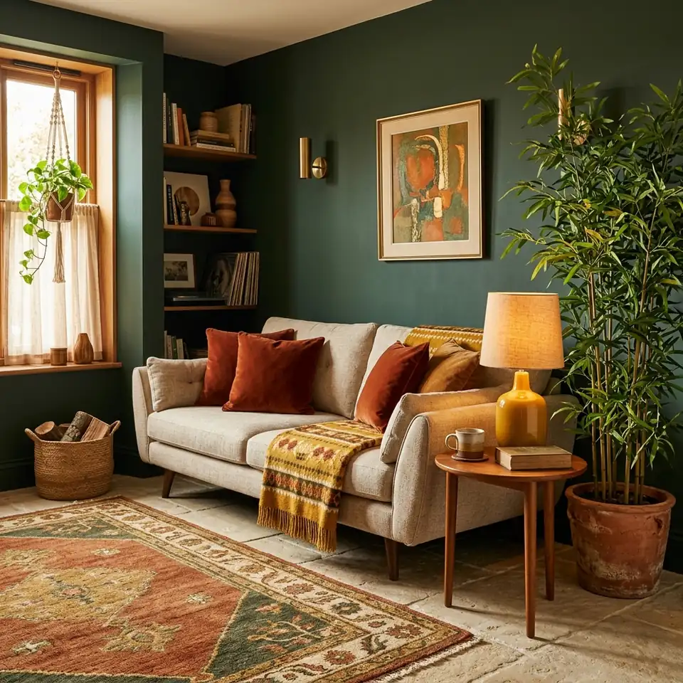 Cozy autumn living room with hunter green walls, rust velvet cushions and 70s earthy tones