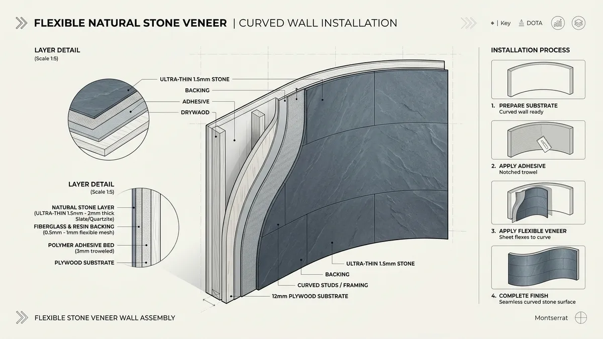 Technical architectural cross-section infographic diagram showing flexible natural stone veneer curved wall installation