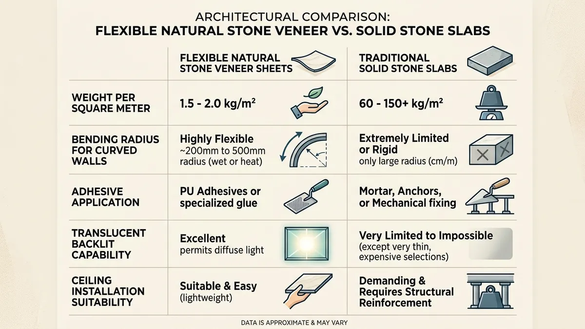 Architectural comparison matrix infographic comparing flexible natural stone veneer sheets against solid stone slabs