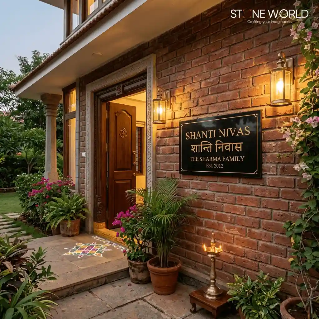 Polished black granite name plate with gold lettering for homes in Indore by Stone World
