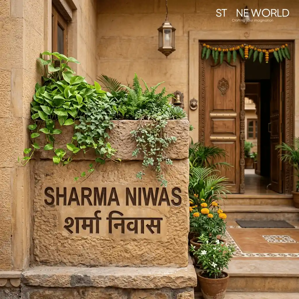 Sandstone name plate with integrated planter on top, custom designed in Indore