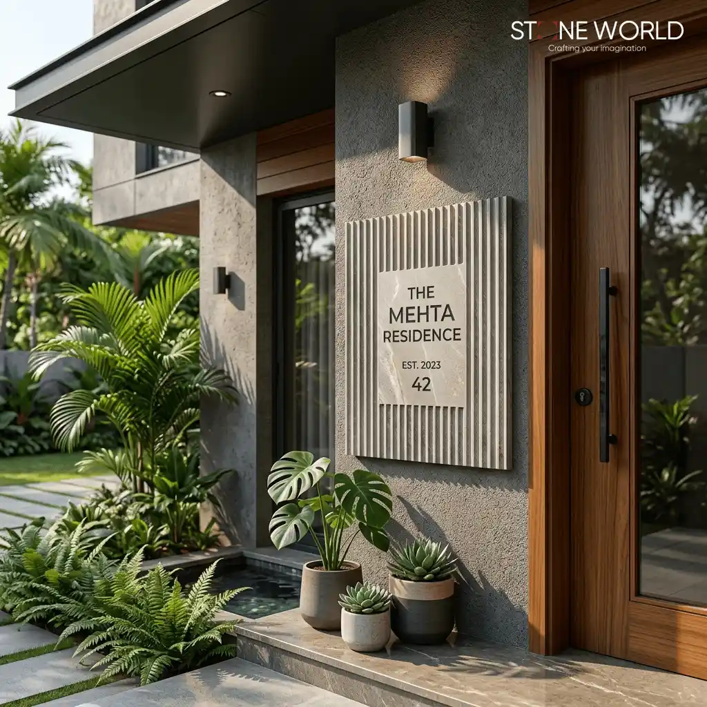 Quartzite stone name plate with deep vertical fluted lines by Stone World Indore