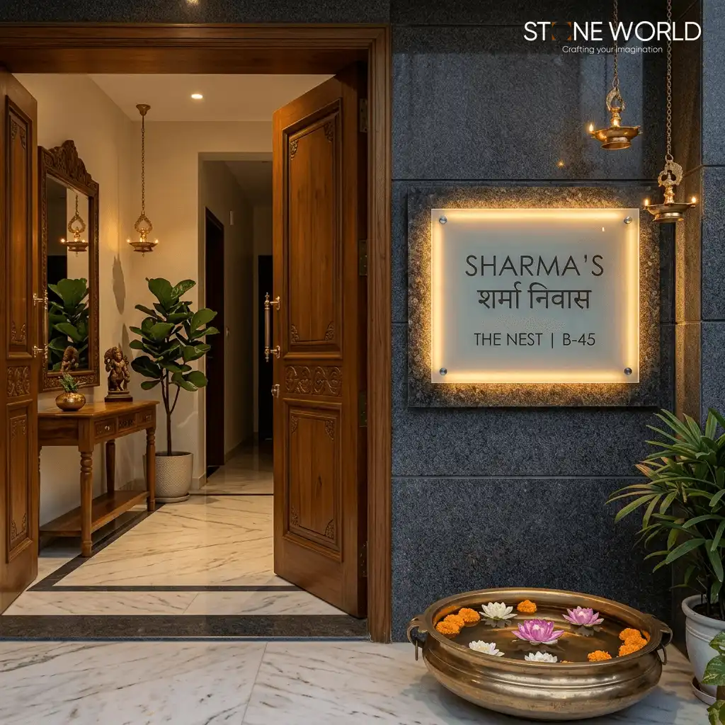 Edge-lit frosted glass name plate over dark granite backplate for luxury homes in Ratlam