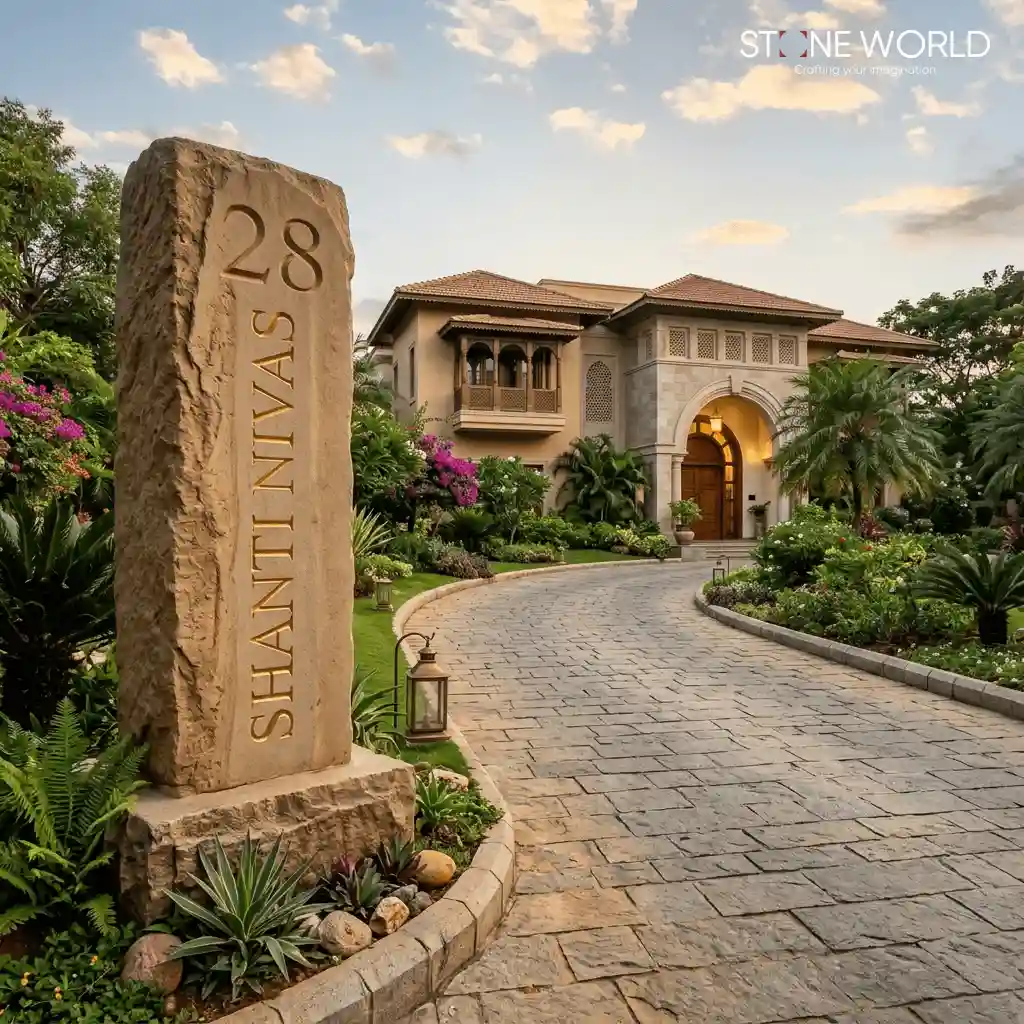 Monolithic standing stone pillar with vertically engraved house name, crafted in Indore