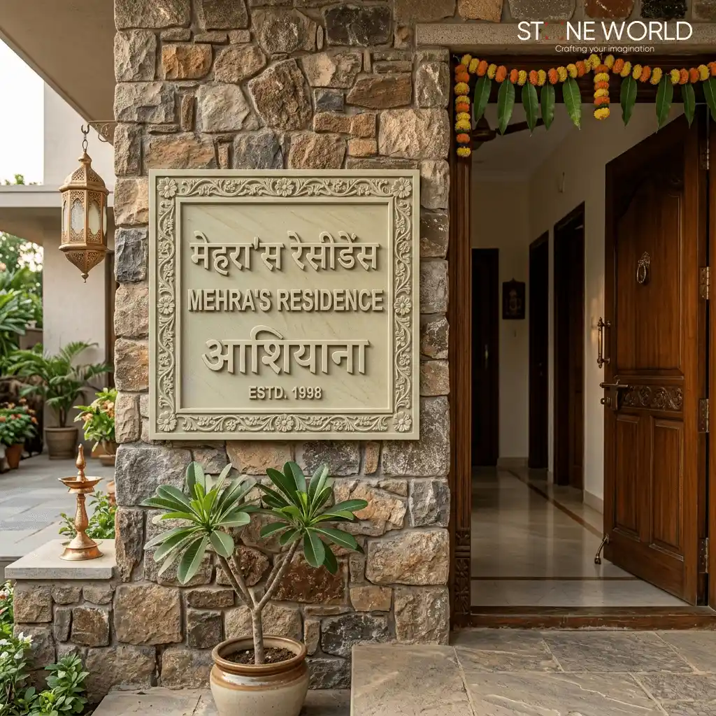 Mint sandstone name plate with raised 3D carved letters for Central India homes