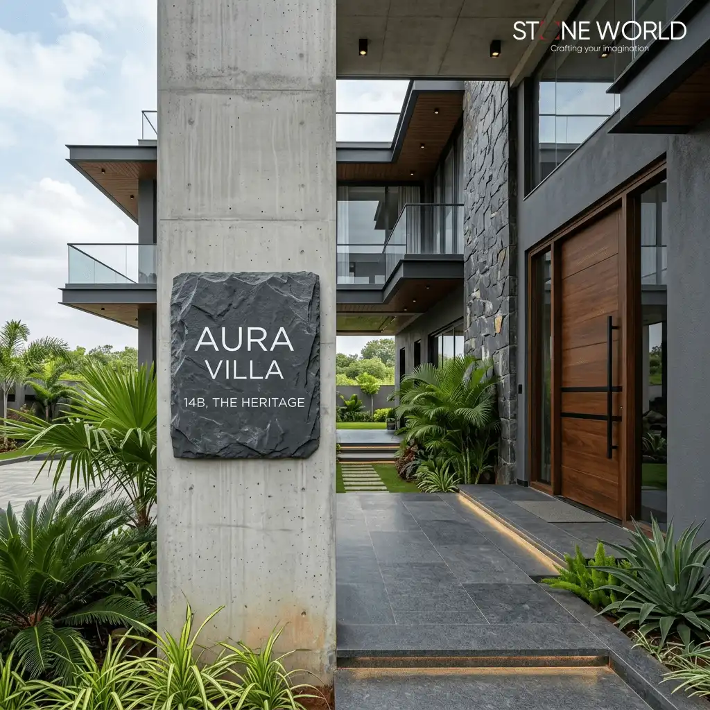 Rough-cut slate name plate with minimalist white fonts for modern villas in Ratlam