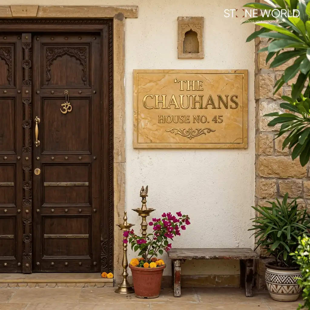 Jaisalmer yellow marble name plate with solid brass letters, manufactured in Indore
