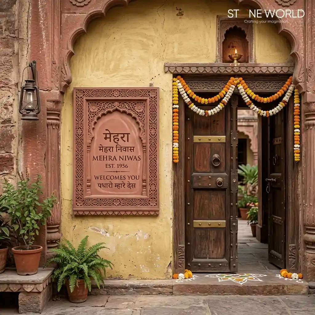 Agra red sandstone name plate with traditional jaali borders by Central India's top manufacturer