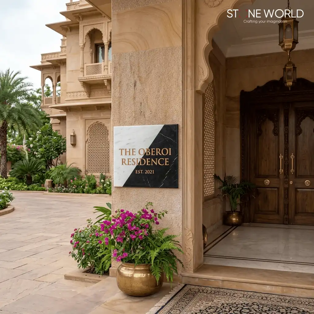 Two-tone marble name plate splicing black and white stone, available at Stone World Indore showroom