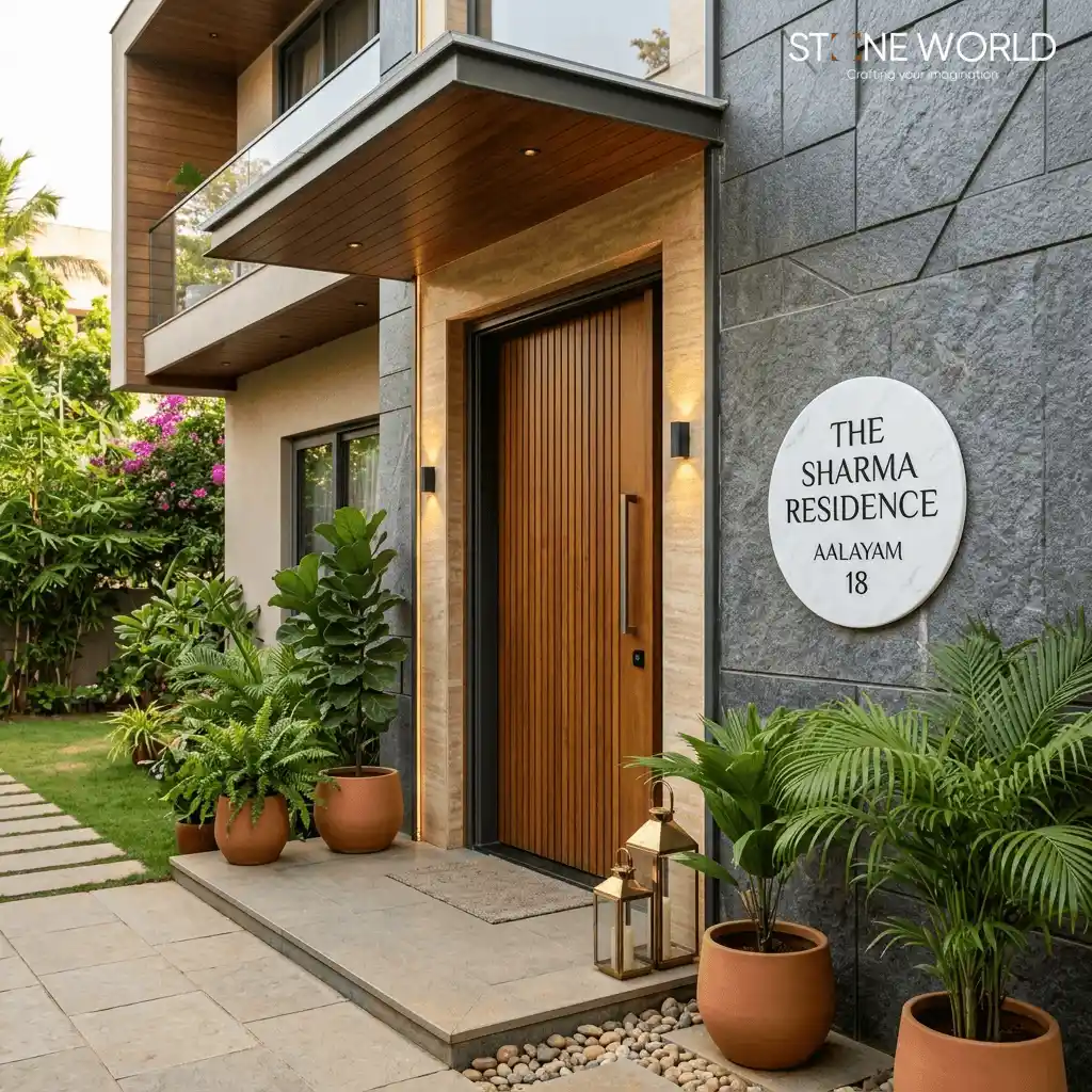 Perfectly circular white marble name plate with black lettering for Indore residences