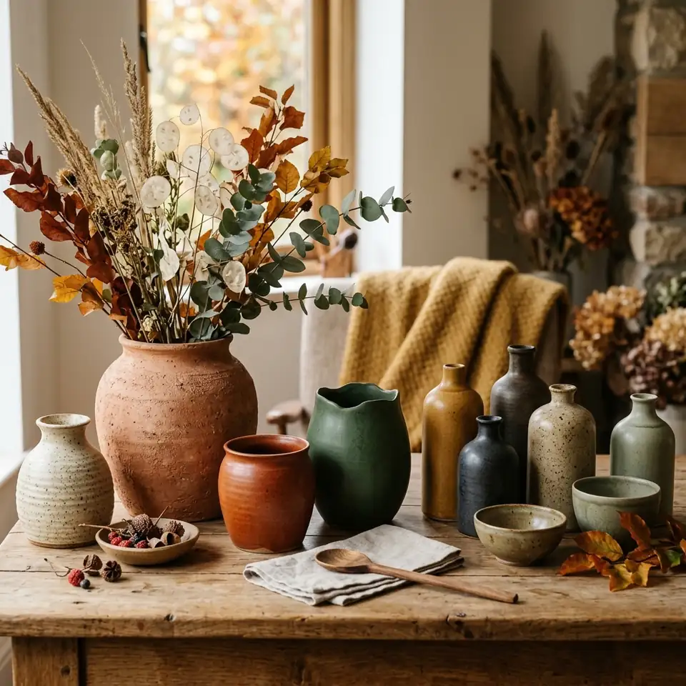 Handcrafted artisan ceramics and terracotta pottery for autumn home styling