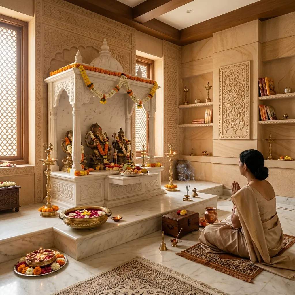 Serene indoor pooja room in an Indian home featuring pale sandstone or white marble wall cladding