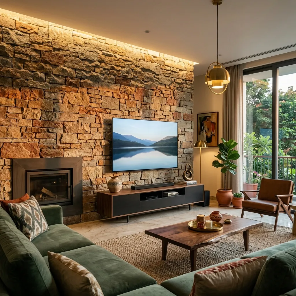 Luxurious modern Indian living room with rough-cut slate or stacked sandstone feature wall behind a sleek TV