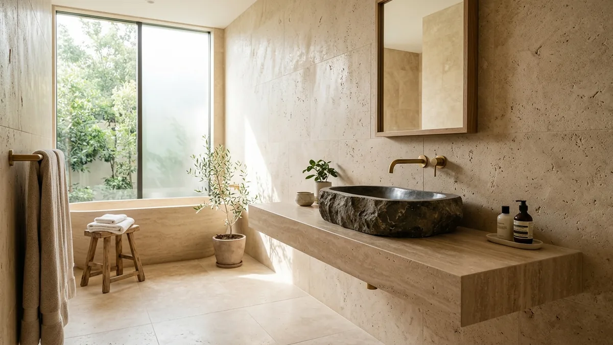 Waterproof natural stone feature wall ideas for luxury bathrooms and master suites with seamless honed granite slabs