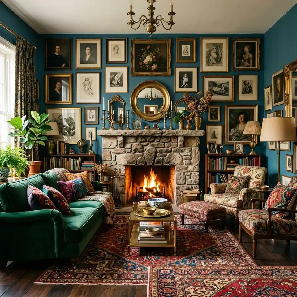 Maximalist living room layout with gallery wall, layered rugs and bold autumn interior styling