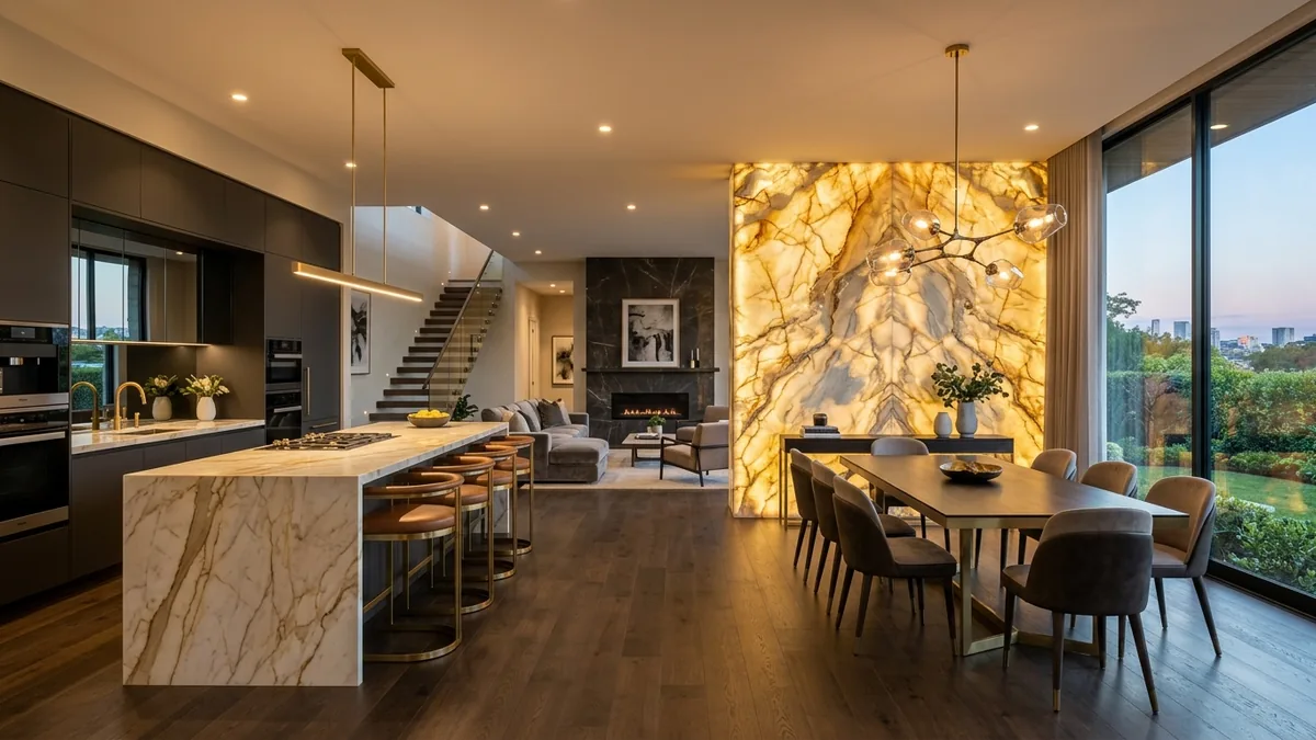 Backlit translucent quartzite living room accent wall with custom warm LED diffuser sheets behind crystalline blue and gold quartzite