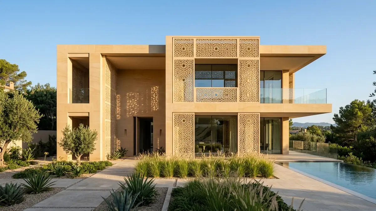 Bespoke sandstone jali for exterior facade elevation on luxury modern villa