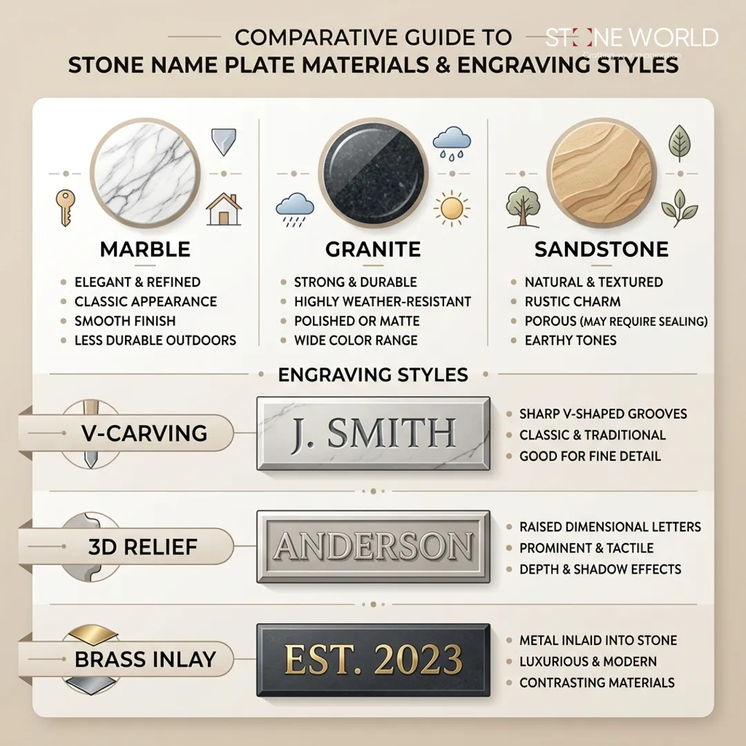 Infographic comparing marble, granite, and sandstone name plate design details and engraving options