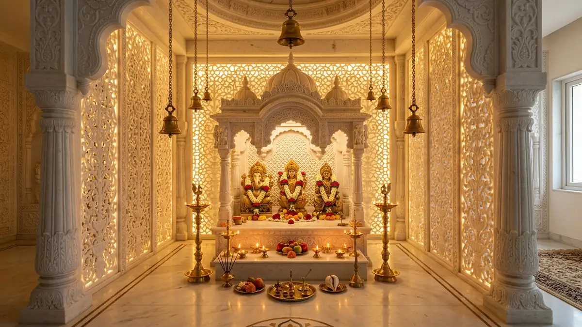 Sacred geometric white marble mandir screen with intricate floral carving
