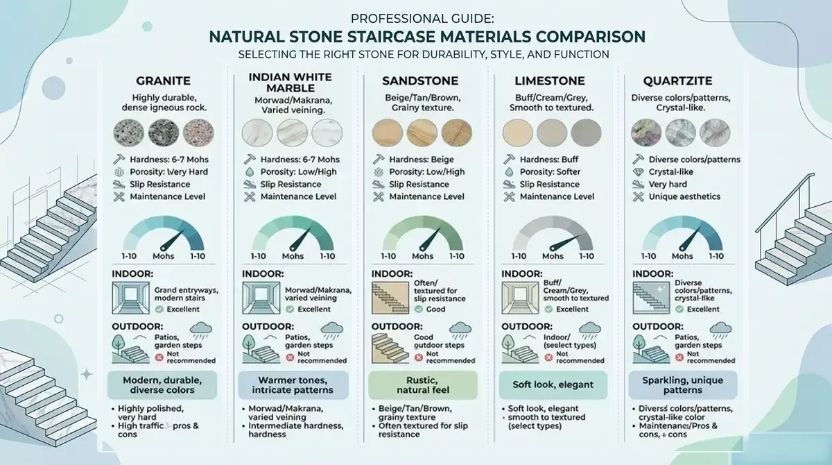 Natural stone staircase materials comparison infographic showing granite, marble, sandstone, limestone and quartzite durability, hardness and indoor application guide