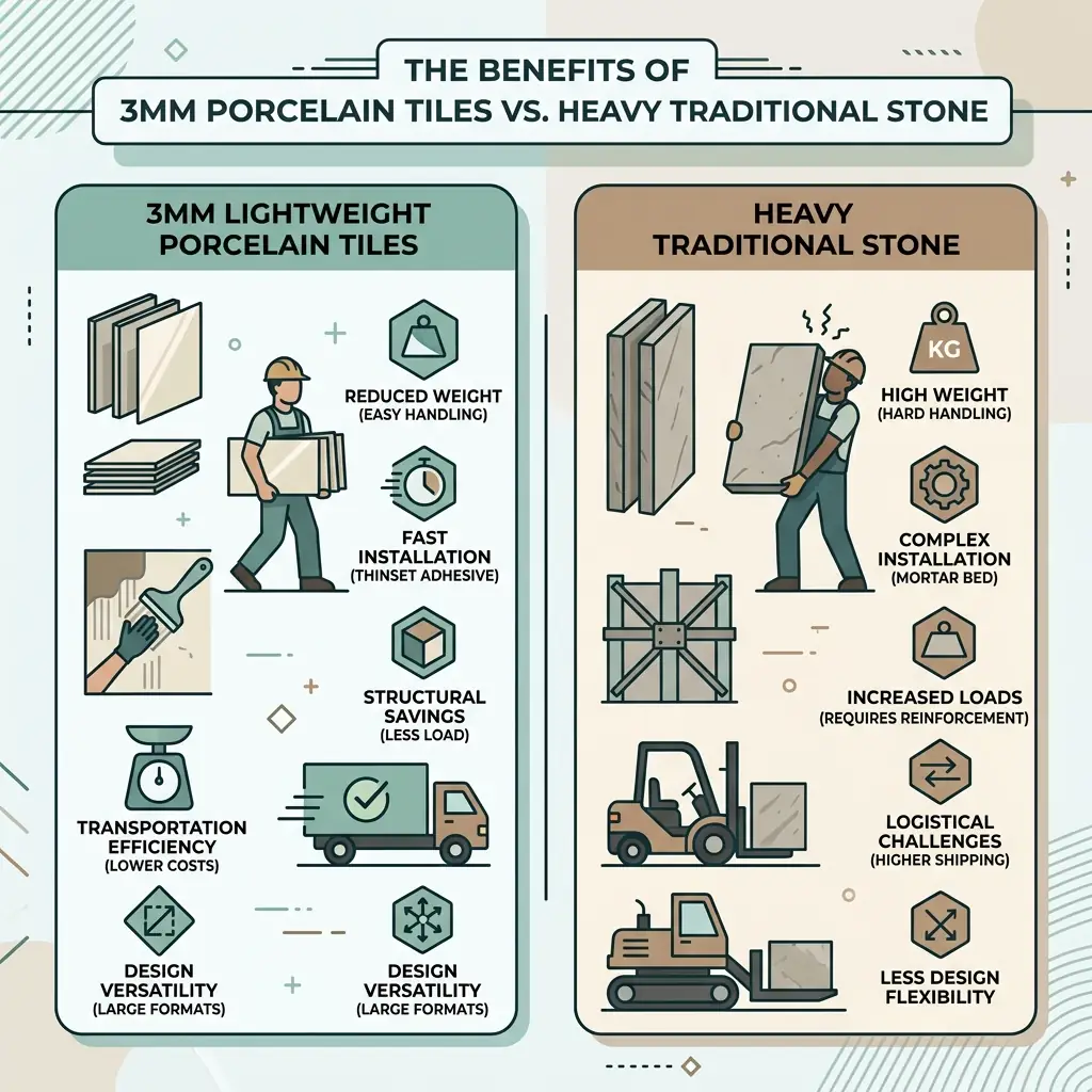 Infographic illustrating the 6 key benefits of Stonelam tiles including durability, zero porosity, overlay installation, and low maintenance