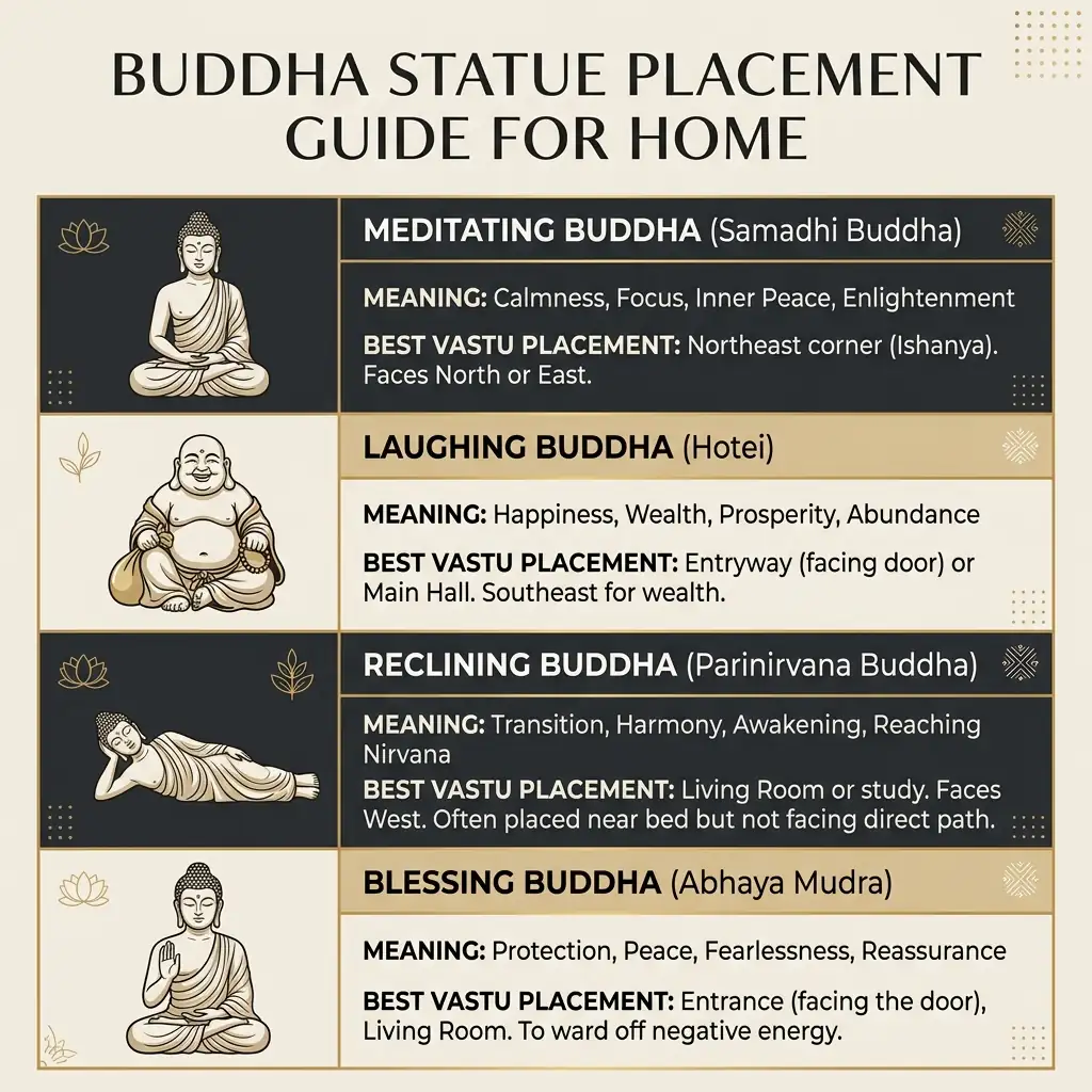 Infographic detailing Buddha statue placements, directions and Vastu rules
