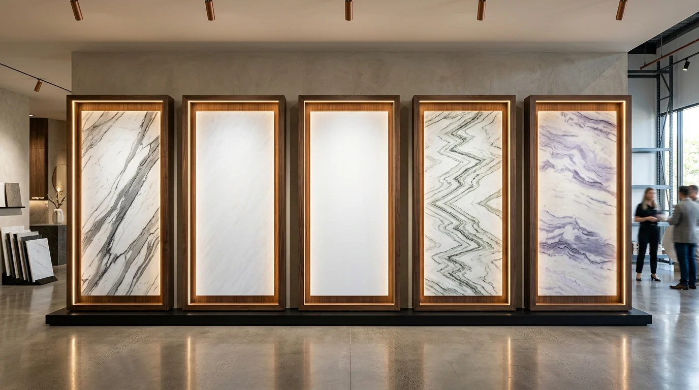 Popular white marble varieties for interior walls comparison guide showing Indian Statuario, Makrana White, Vietnam White, Agaria White and Banswara White